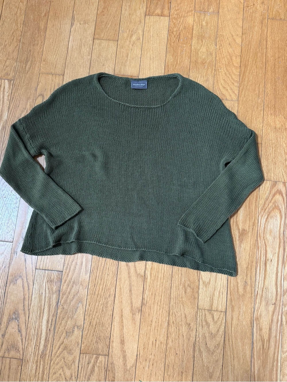 Wooden Ships Women Military Green Cotton Knit Sweater S/M Boxy Earthy Minimalist